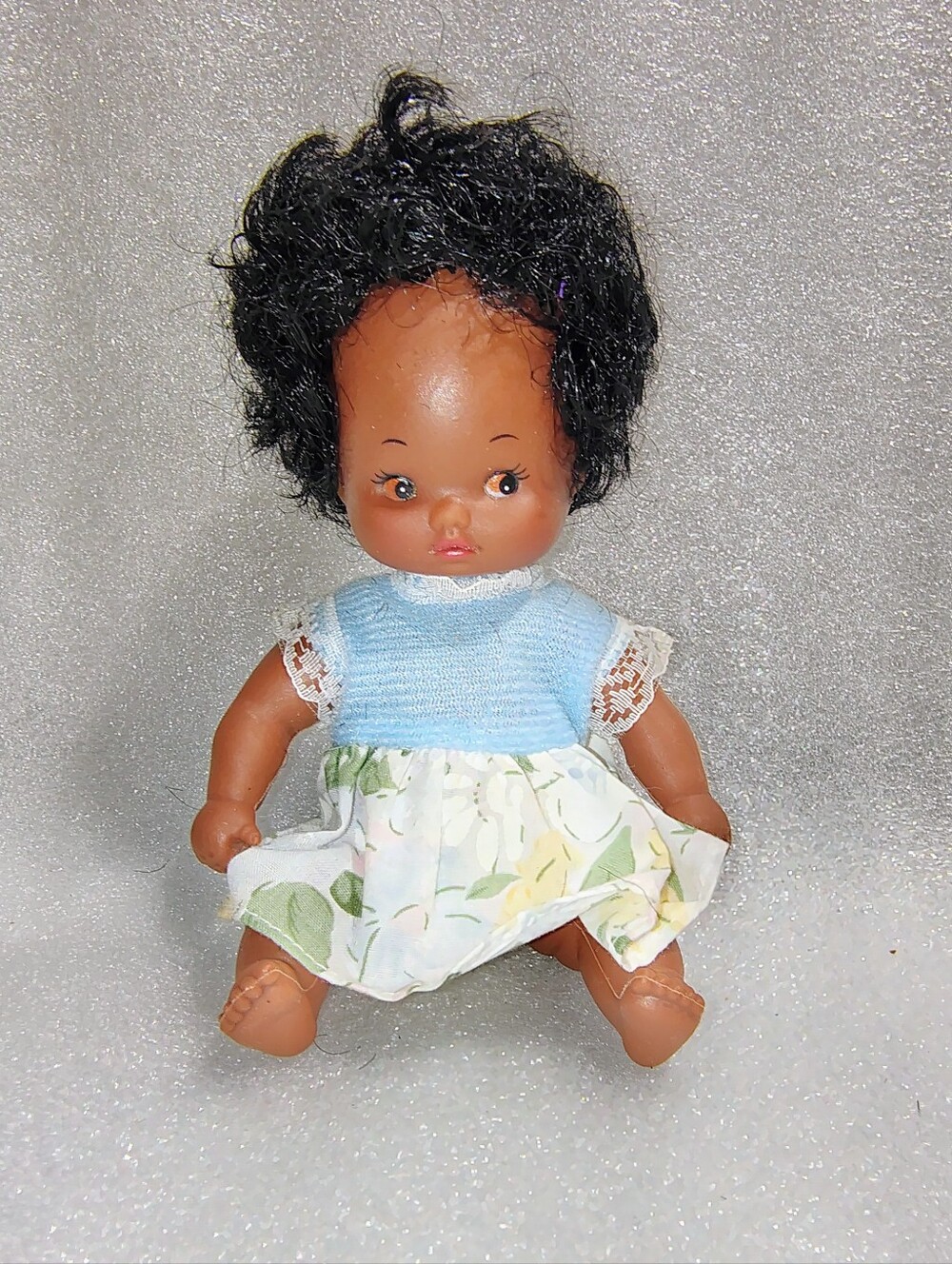 Vintage 6” Black Baby Doll Jointed Painted Eyes Original Dress Made in China
